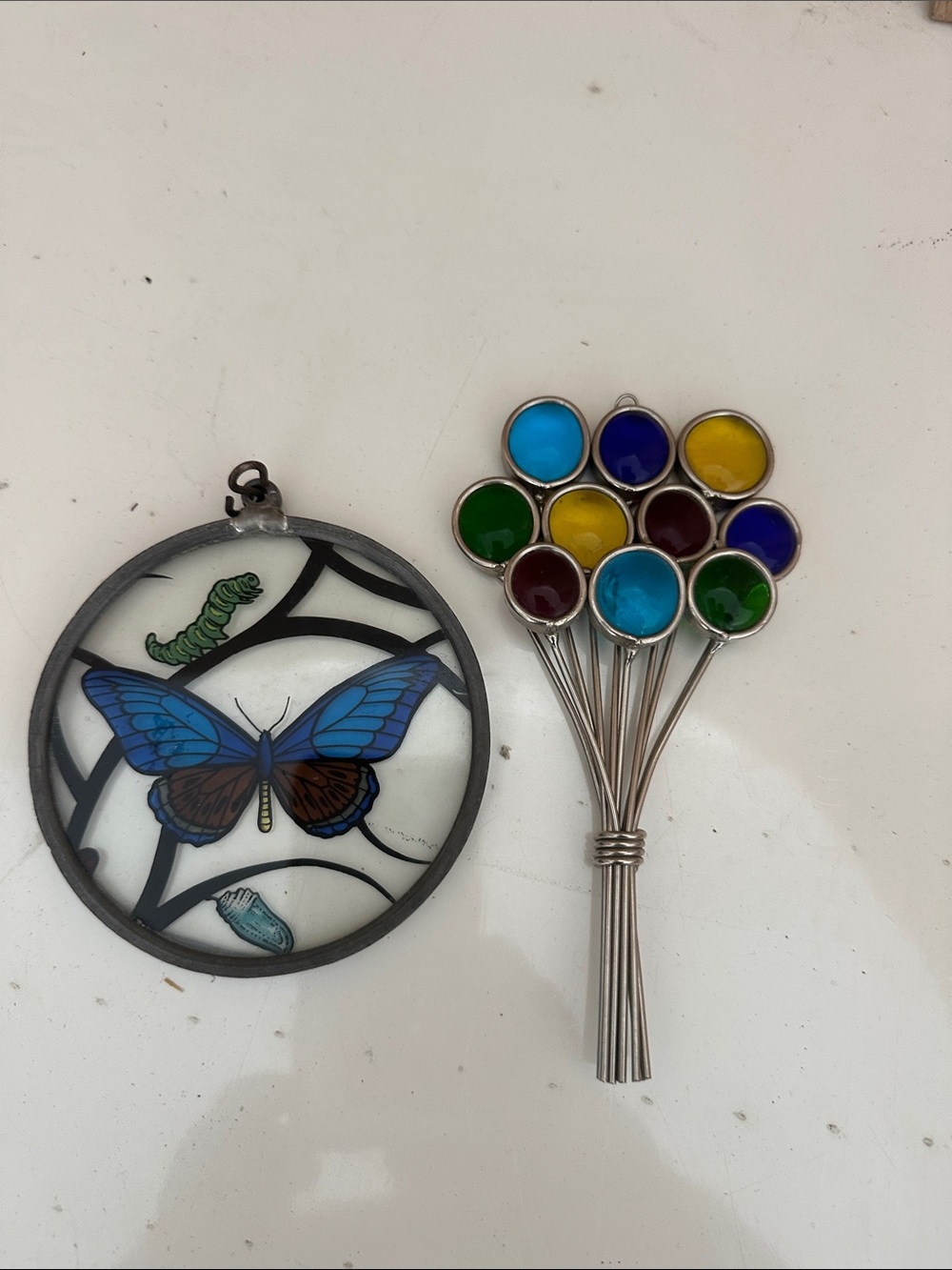 Vintage Stained Glass Blue Butterfly Suncatcher with Multicolor Accent Bouquet